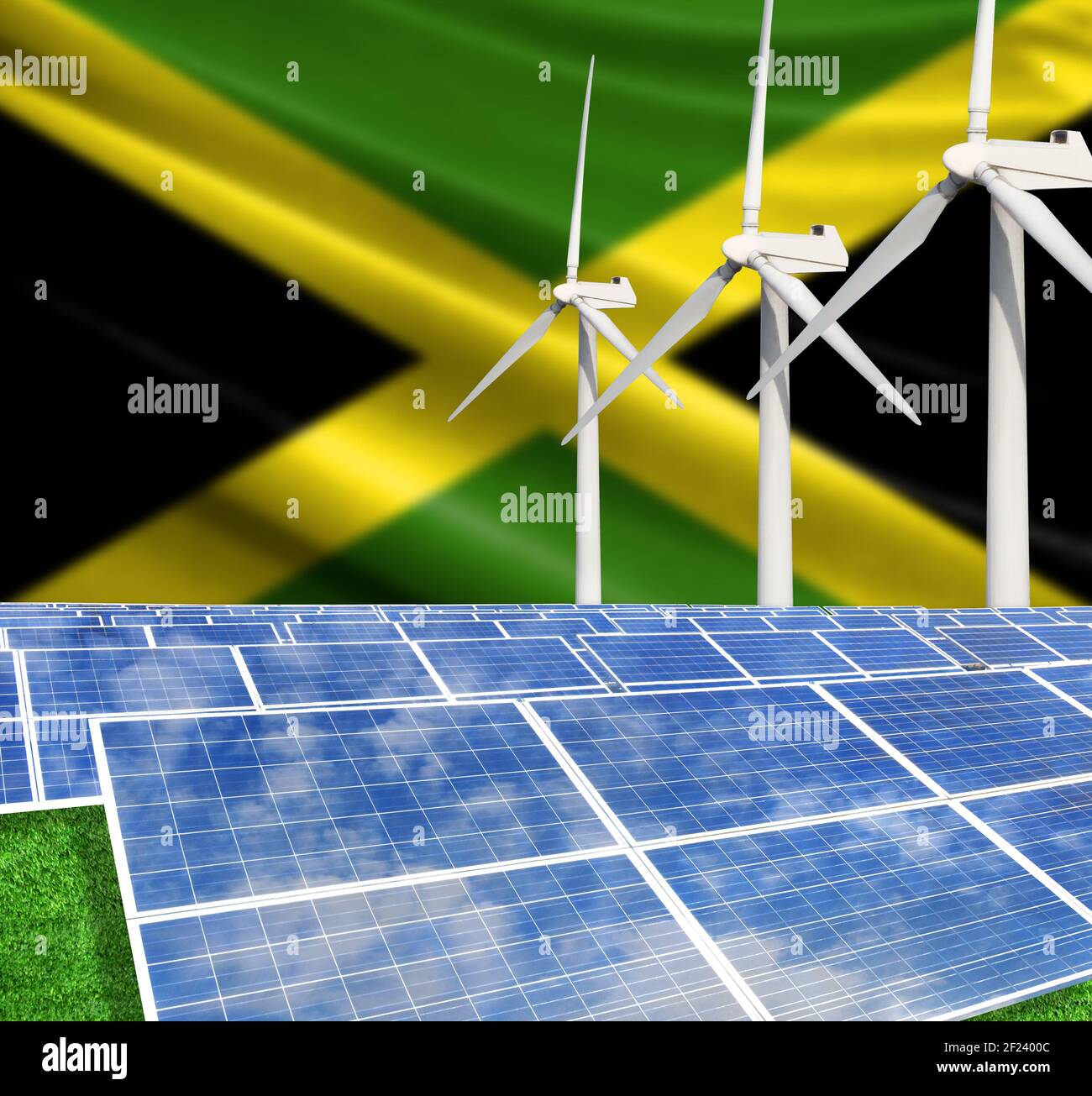 Solar panels on the background with the flag of Jamaica and Wind