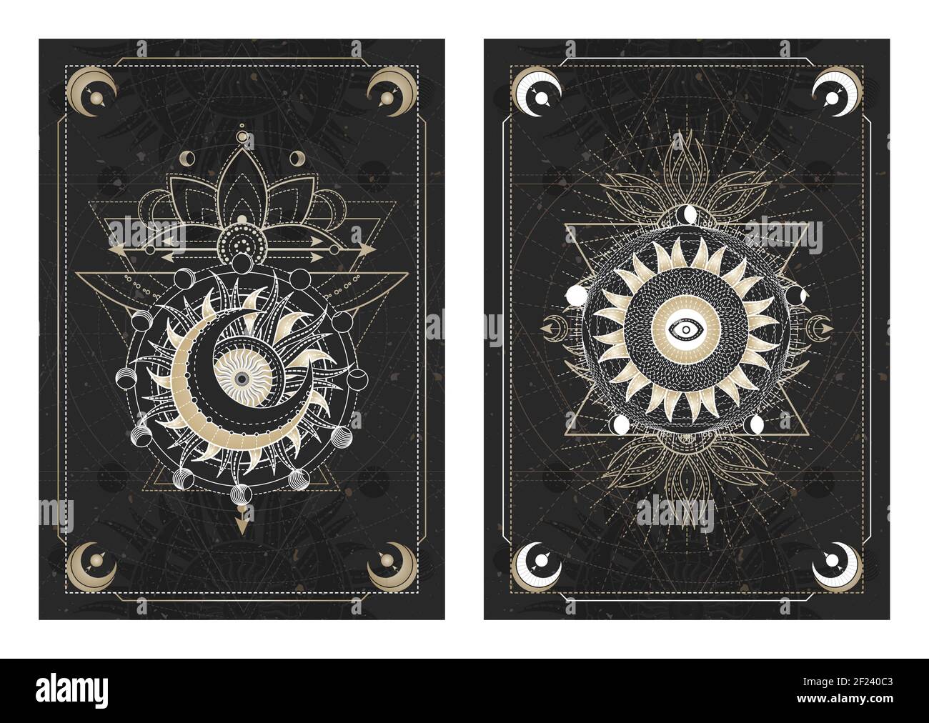Vector dark illustrations with sacred geometry symbols, grunge textures and frames. Images in black, white and gold. Stock Vector