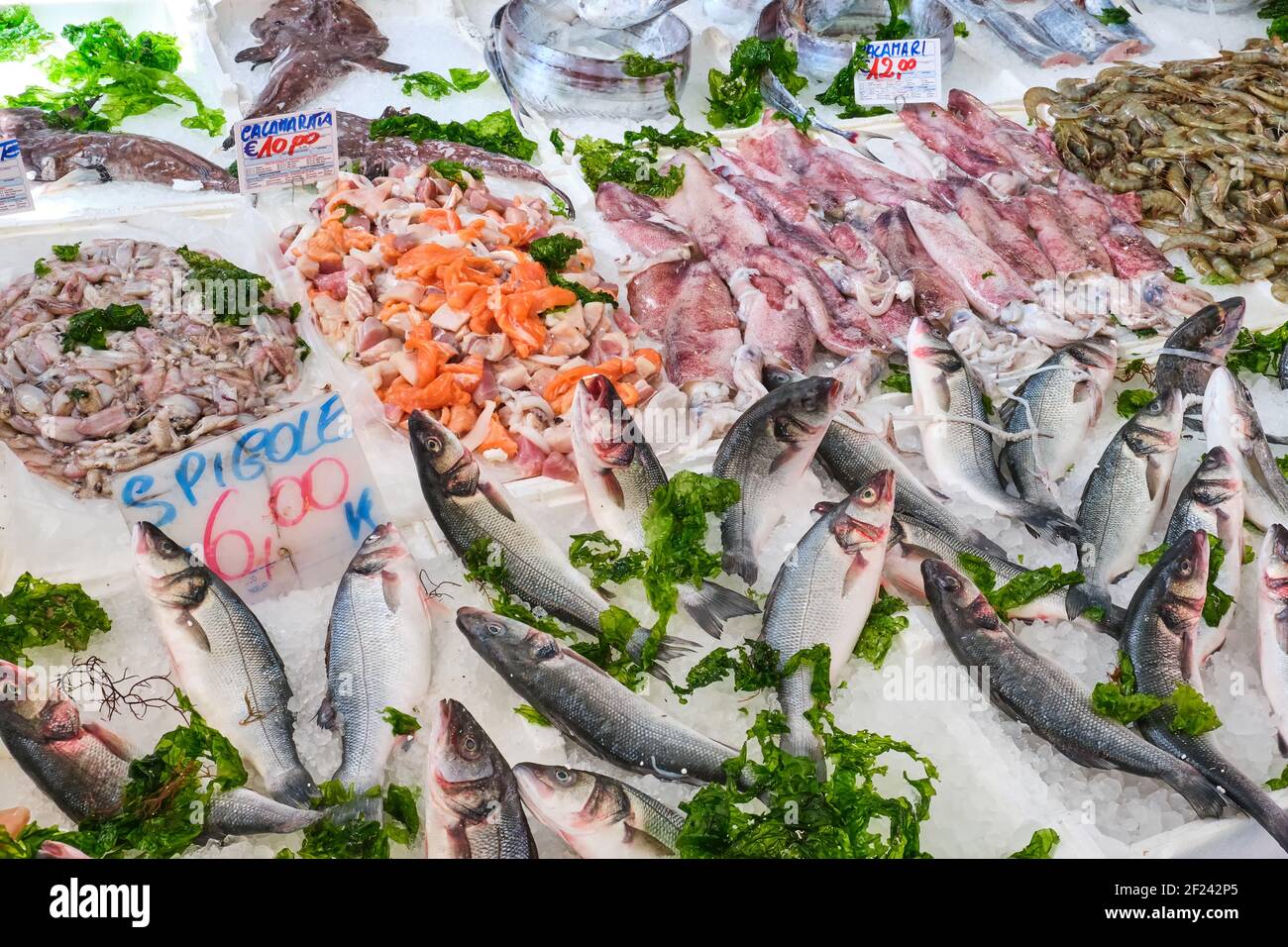 Seafood and fish for sale at a fish market in Naples, Italy Stock Photo