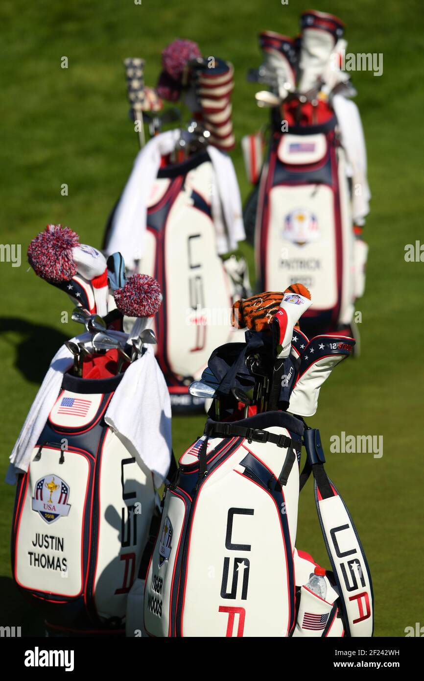 Illustration of Usa Golf bags during the practice round of Ryder Cup 2018, at Golf National in Saint-Quentin-en-Yvelines, France, September 27, 2018 - Photo Philippe Millereau / KMSP / DPPI Stock Photo