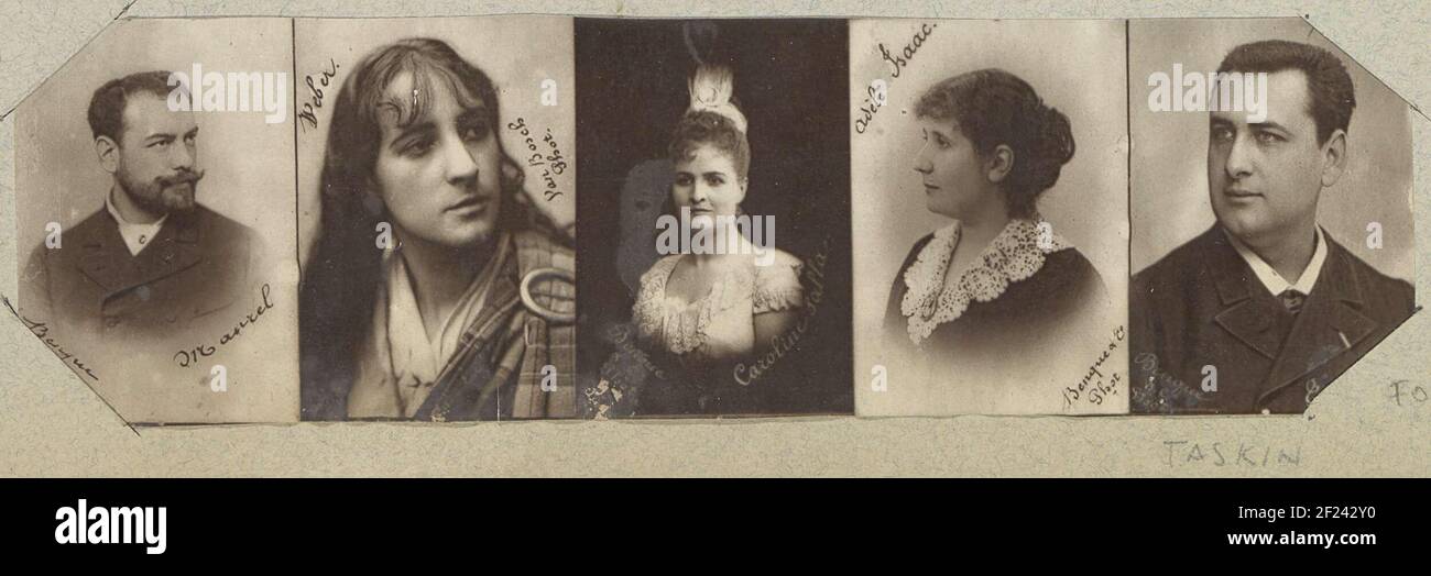 Five portraits of opera singers, singers and an actress: Victor Maurel (Bariton), Eugénie Segond-Weber (actress), Caroline Salla (Soprano), Adèle Isaac (soprano) and ëmile-Alexandre Taskin (Bariton) .Part of a French amateur album With Photos of France, Algeria, Palmyra, the 1900 World Exhibition and or Famous French. Stock Photo