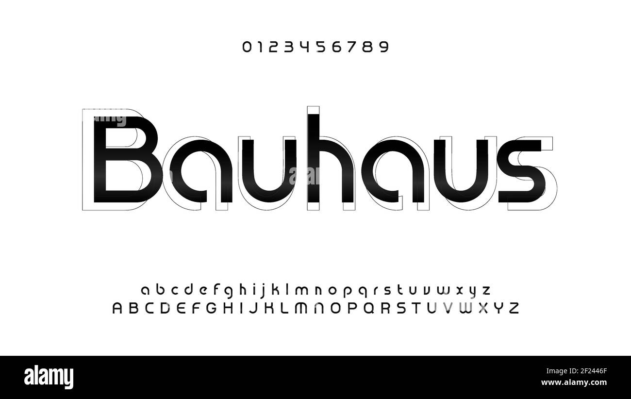Awesome bauhaus alphabet. Modern futuristic font, techno style letters. Lowercase, uppercase and numbers type for logo, headline, monogram, lettering Stock Vector