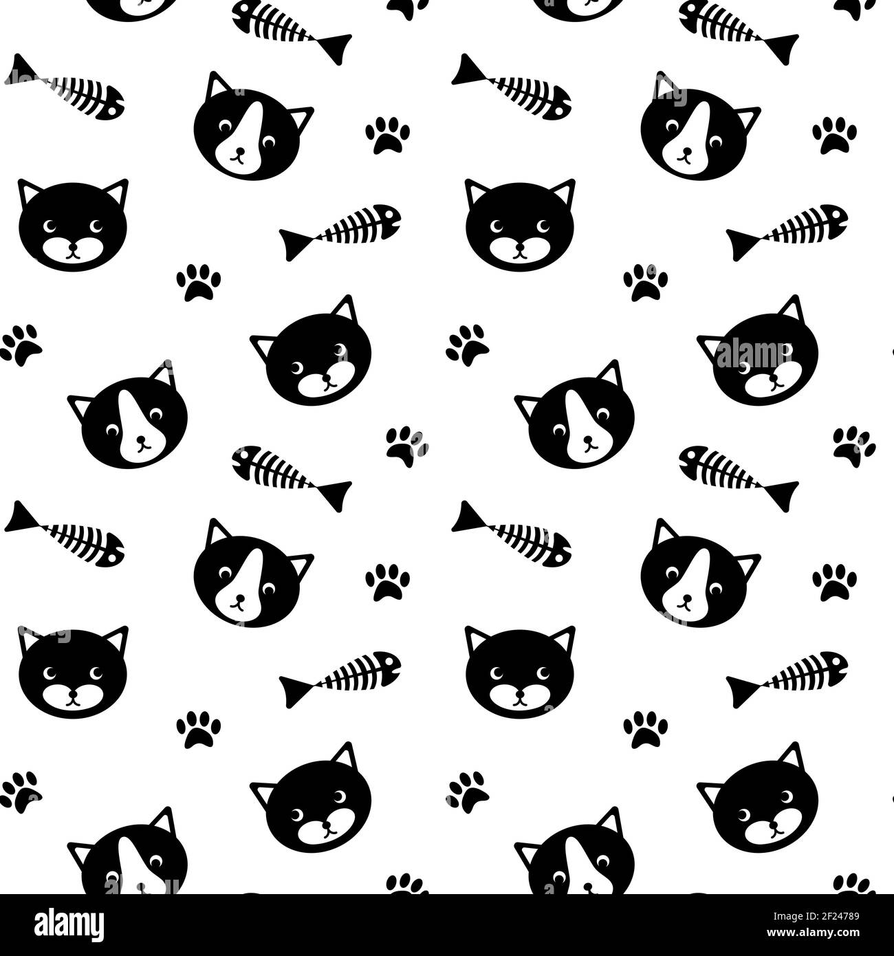 Seamless pattern with cute cat faces, fish bones and paw prints. Simle ...