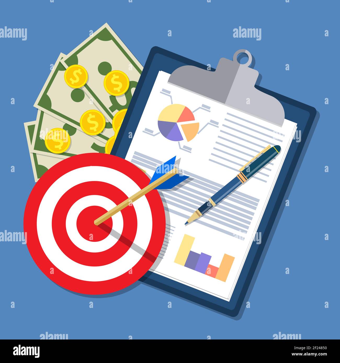 clipboard with financial reports and pen. Stock Vector