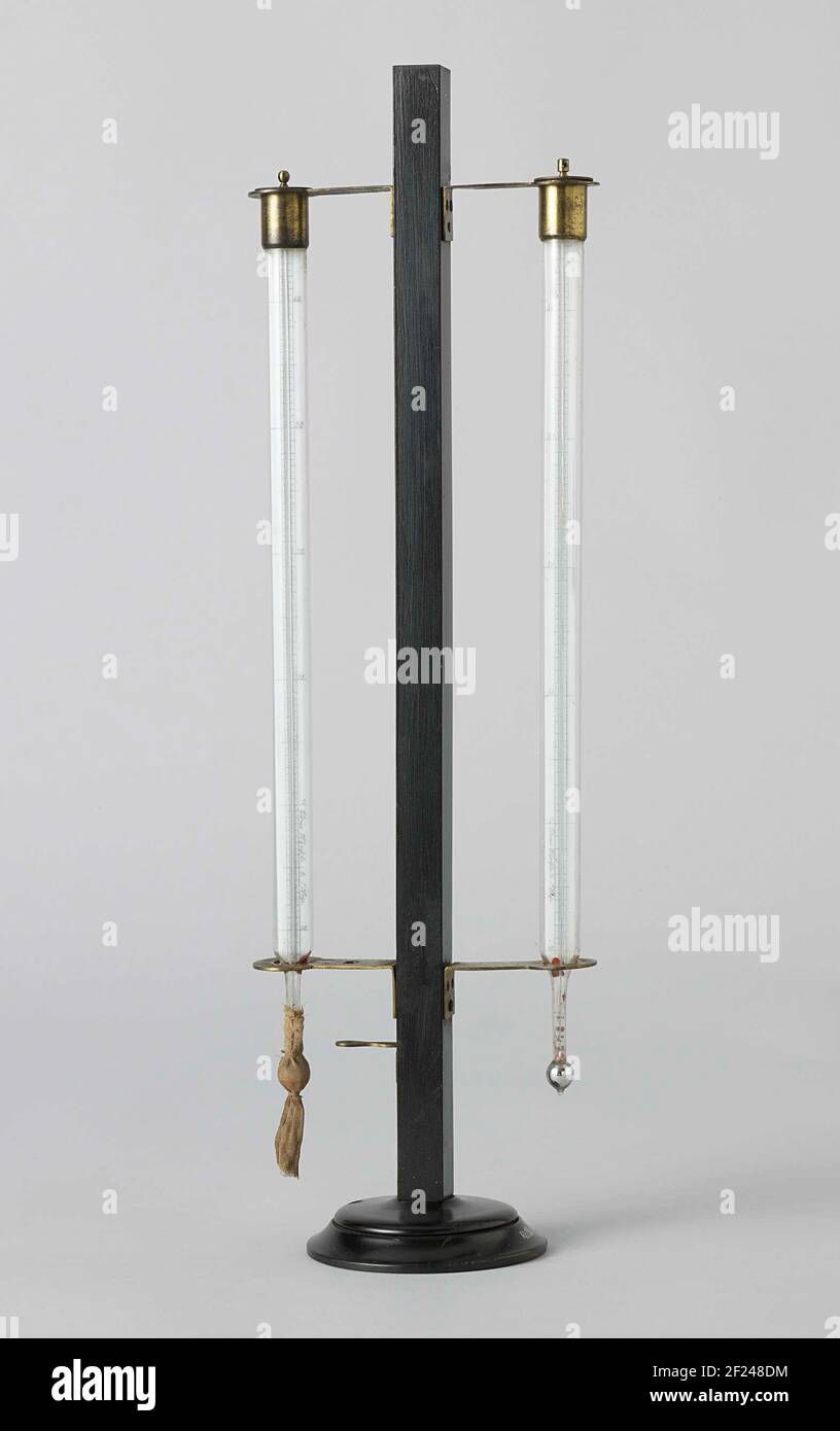Psychrometer.Humidity meter of the psychrometer type, with two thermometers in a standard, incomplete. The scale of both thermometers goes from -12 ° to + 44 ° Celsius. One thermometer has a joker to the mercury bulb, which is moist. From the temperature difference between the two thermometers caused by the evaporation of the moisture, the humidity of the air can be read. The foot of the standard is weighted with lead. Stock Photo