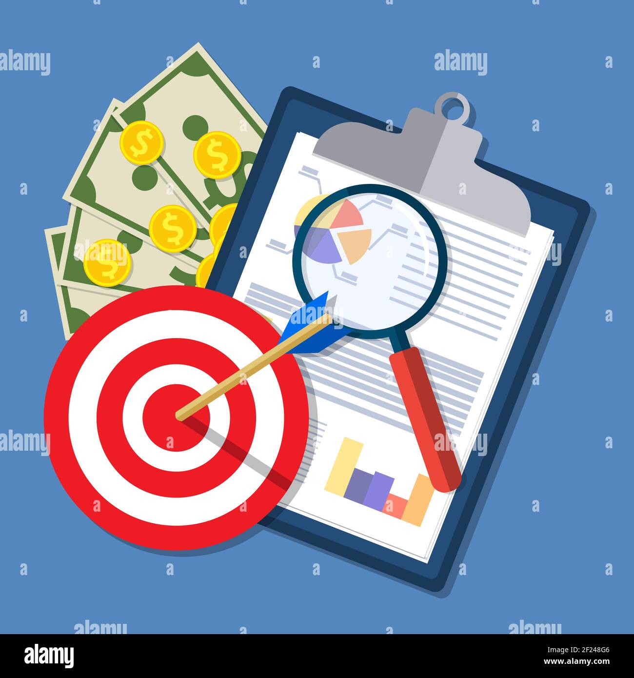 clipboard with financial reports and pen. Stock Vector
