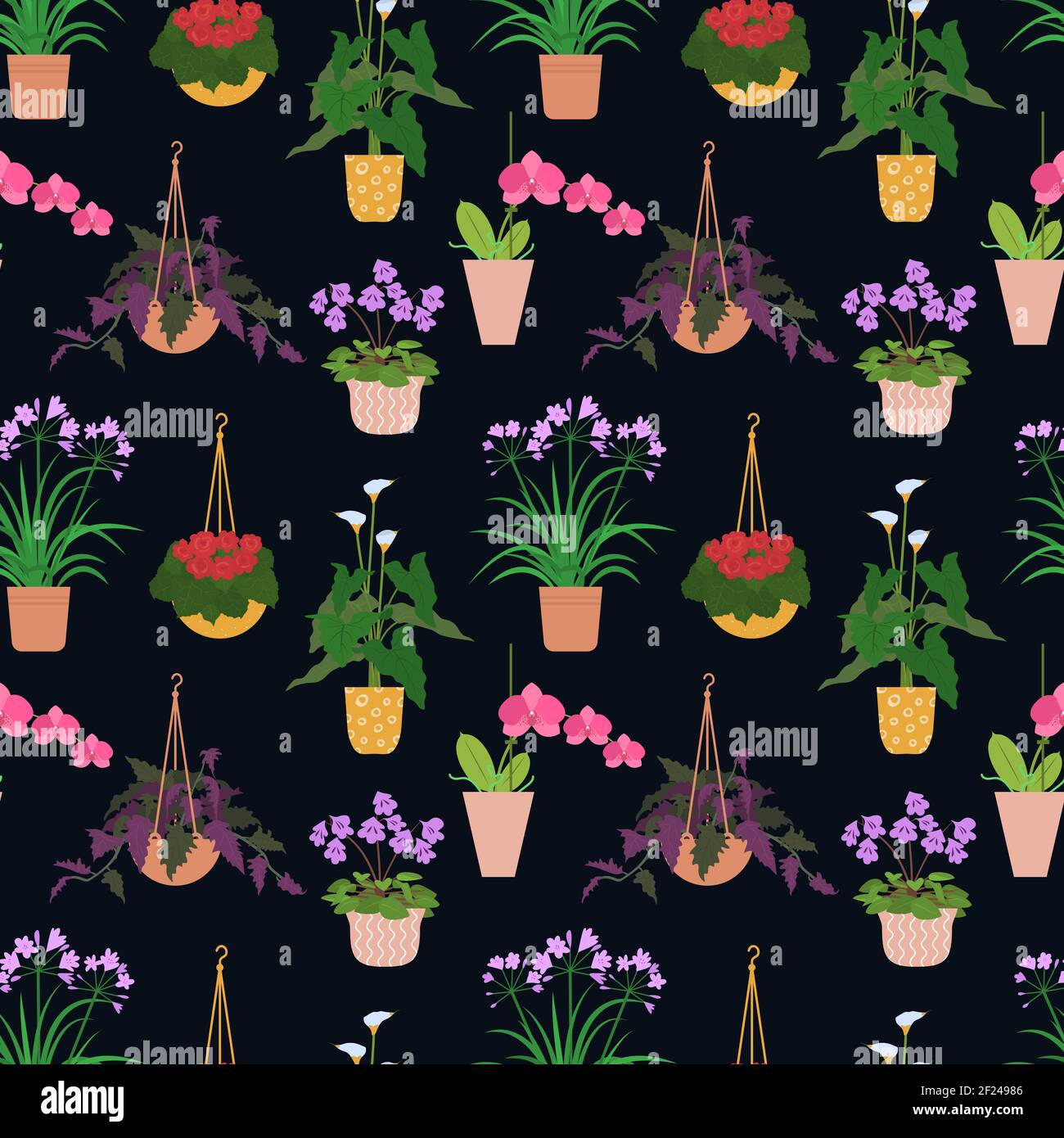 Seamless pattern from different potted house plants in colorful flower ...