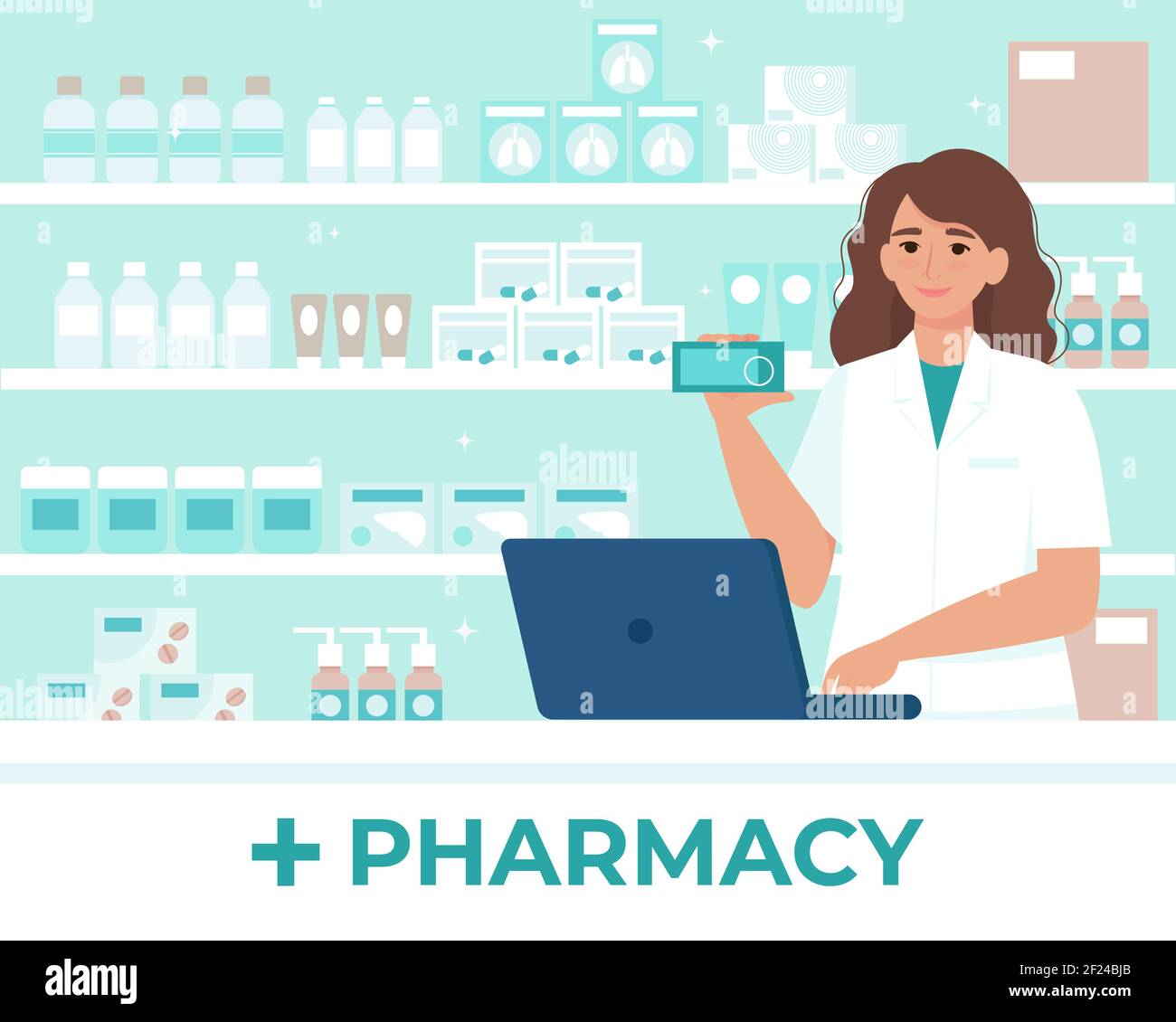 Female pharmacist behind the counter in a drugstore selling medicine. Vector illustration in flat style Stock Vector