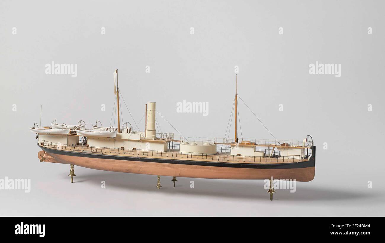 Model of an Ironclad Monitor.Polychromed and witnessed block model of a monitor, the bound board is missing. The model has a vertical steven that exceeds the deck, a sharp cruiser gate, stir with rounded sheet, steering wheel on the campanjekek, two four-leaf screws. On the main deck, two triangular cover structures are located and two very narrow, which allow a maximum shot field for the two pieces in the rotating dome and are connected to running corridors; The railing can be lowered on the deck for shooting. The chimney stands on the first deck house just behind the dome, part of the railin Stock Photo