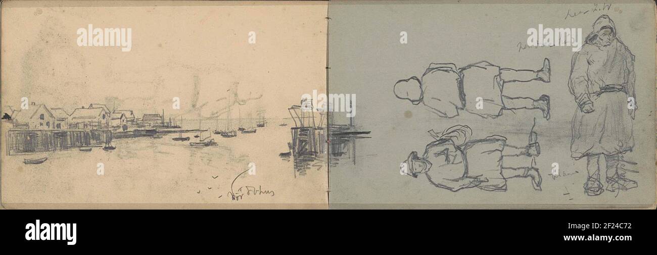 Norwegian figure studies and a face of the houses at Vesting Vardøhus in Vardø.Leaf 19 Verso and Leaf 20 Recto from a Sketchbook with 35 Blades Mean During The Expedition to Nova Zembla in 1880. Stock Photo