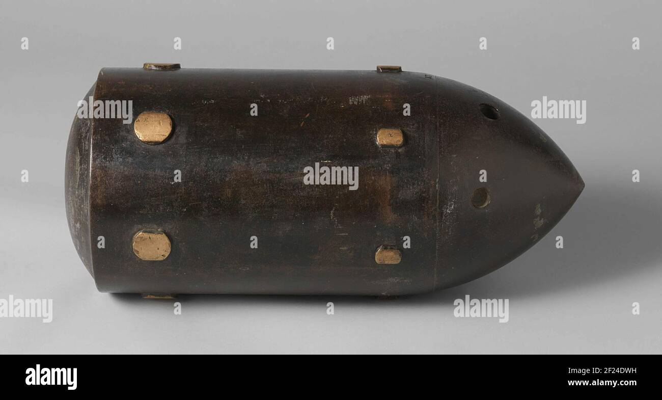 23-cm Steel Shell.Pointed 23 cm of grenade. The grenade is 51.5 cm long and has a 226 mm caliber. It is made up of two parts, which are screwed together; For example, the grenade could be provided with its jumping charge. The grenade has two rings cams for a drawn loop with six towing fields, the bottom is globe. At the nose three shallow holes for the ammunition tap. Stock Photo