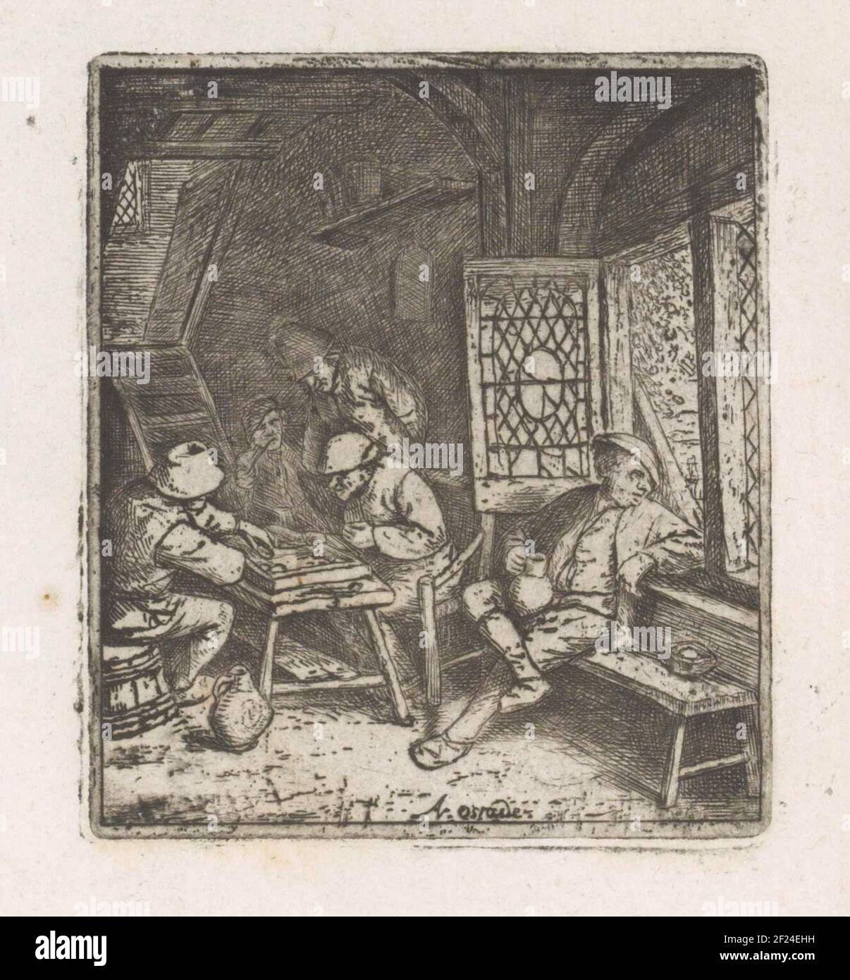Boereninterieur met tric-trac spelers.At a table, possibly in an inn, two men playing tric-trac (backgammon) and a man with pipe. There is a man with a jug at the open window. This print is part of an album. Stock Photo