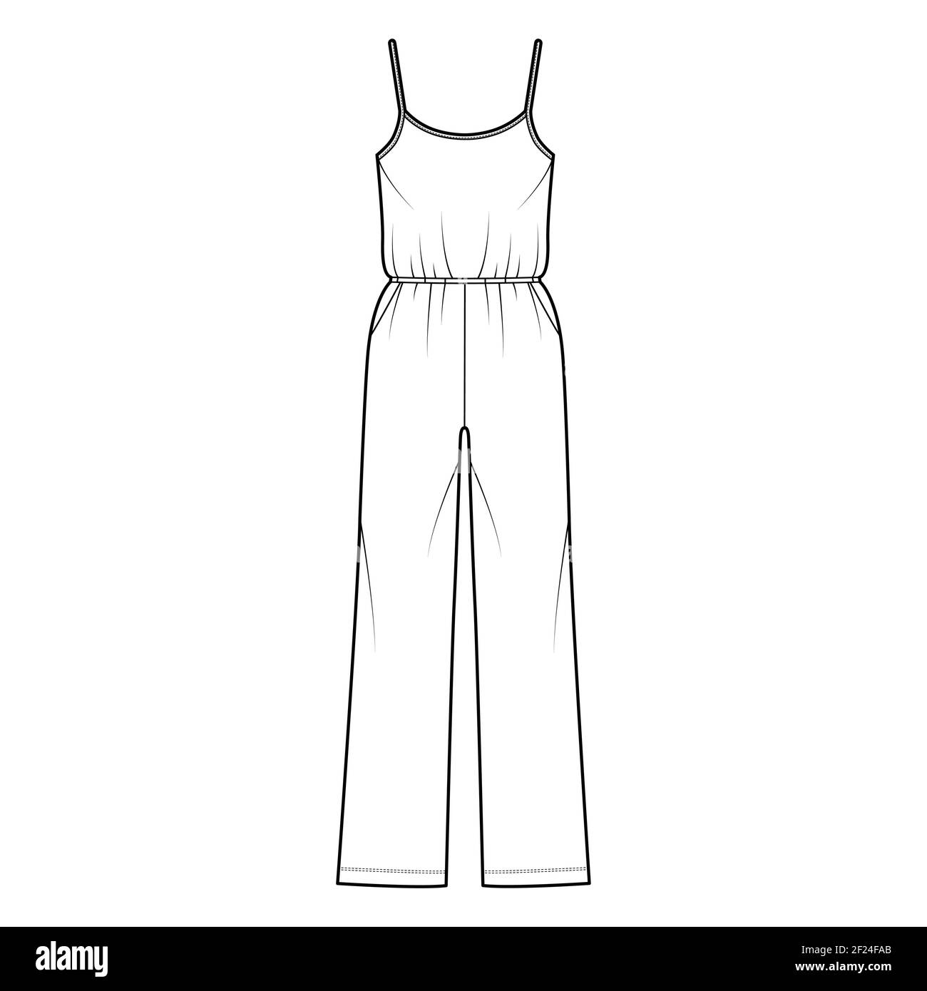 Camisole jumpsuit Dungaree overall technical fashion illustration with full length, normal elastic waist, oversized, pockets. Flat front, white, color style. Women, men unisex CAD mockup Stock Vector