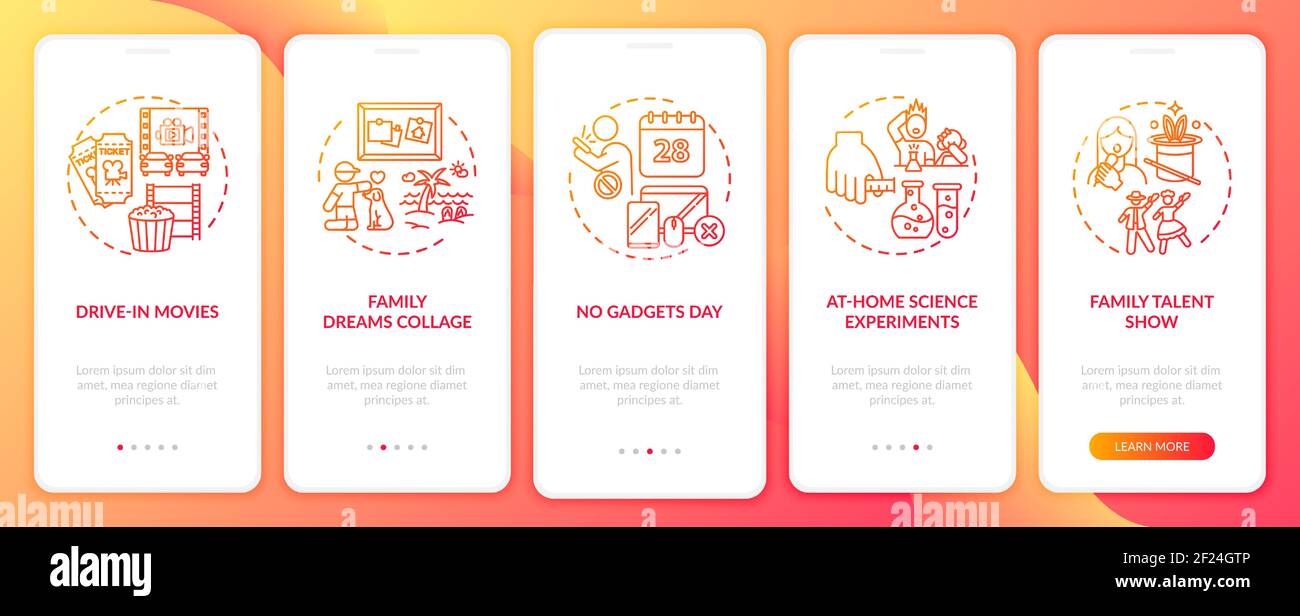 Family fun ideas onboarding mobile app page screen with concepts Stock ...
