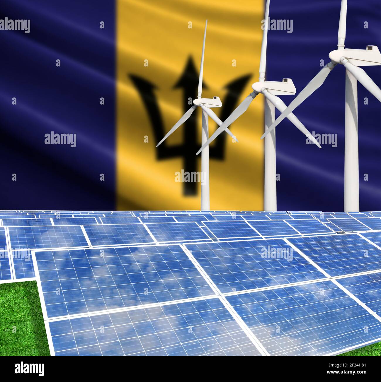 Solar panels on the background with the flag of Barbados and Wind