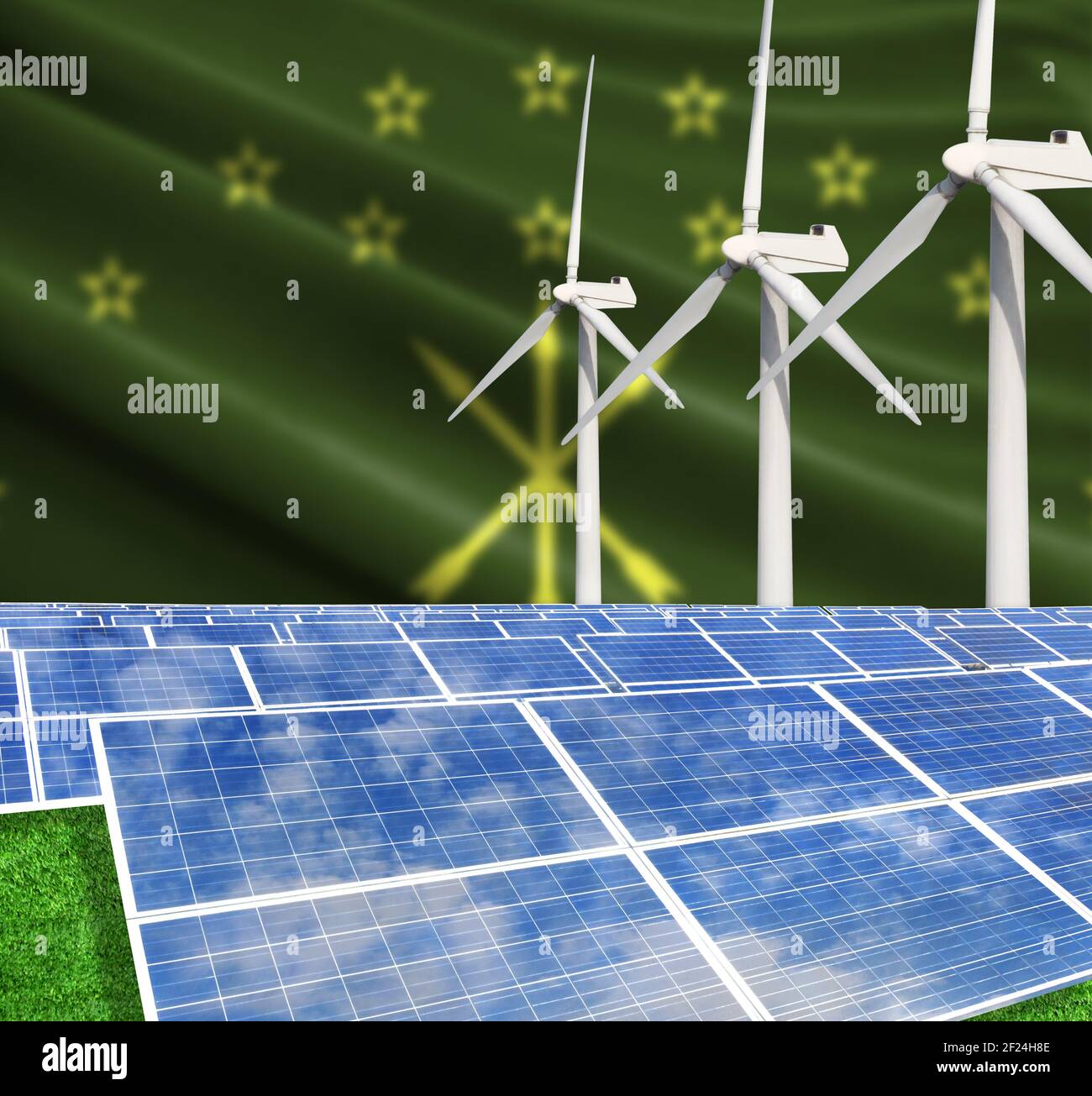 Solar panels on the background with the flag of Adygea and Wind Turbine Stock Photo