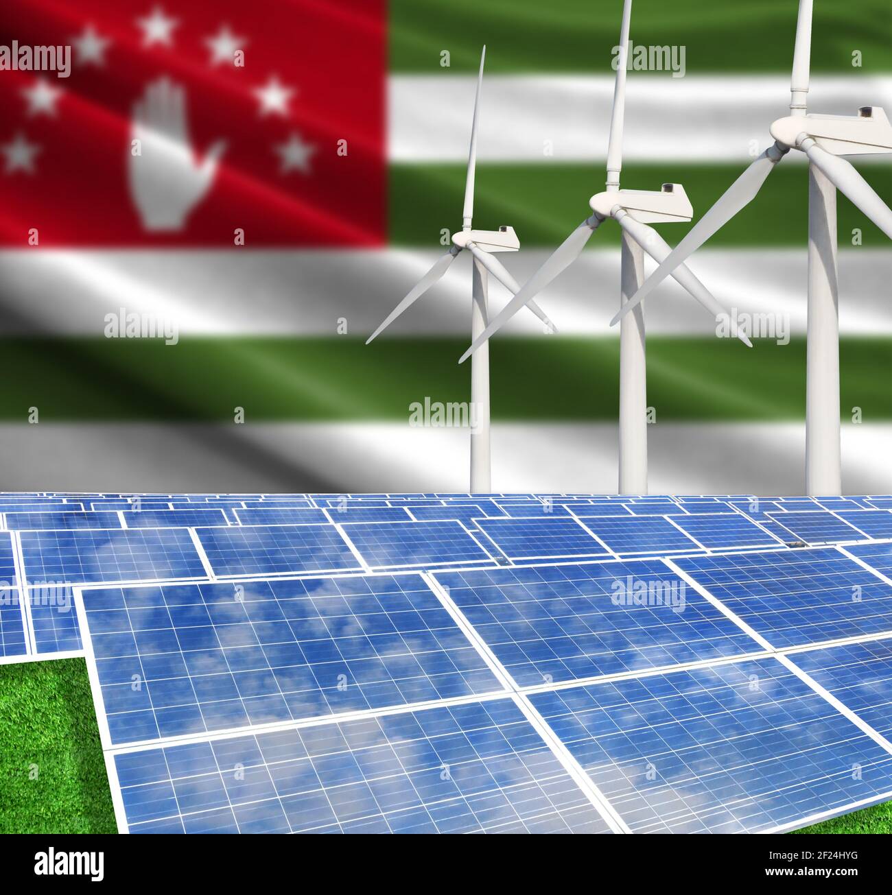 Solar panels on the background with the flag of Abkhazia and Wind ...