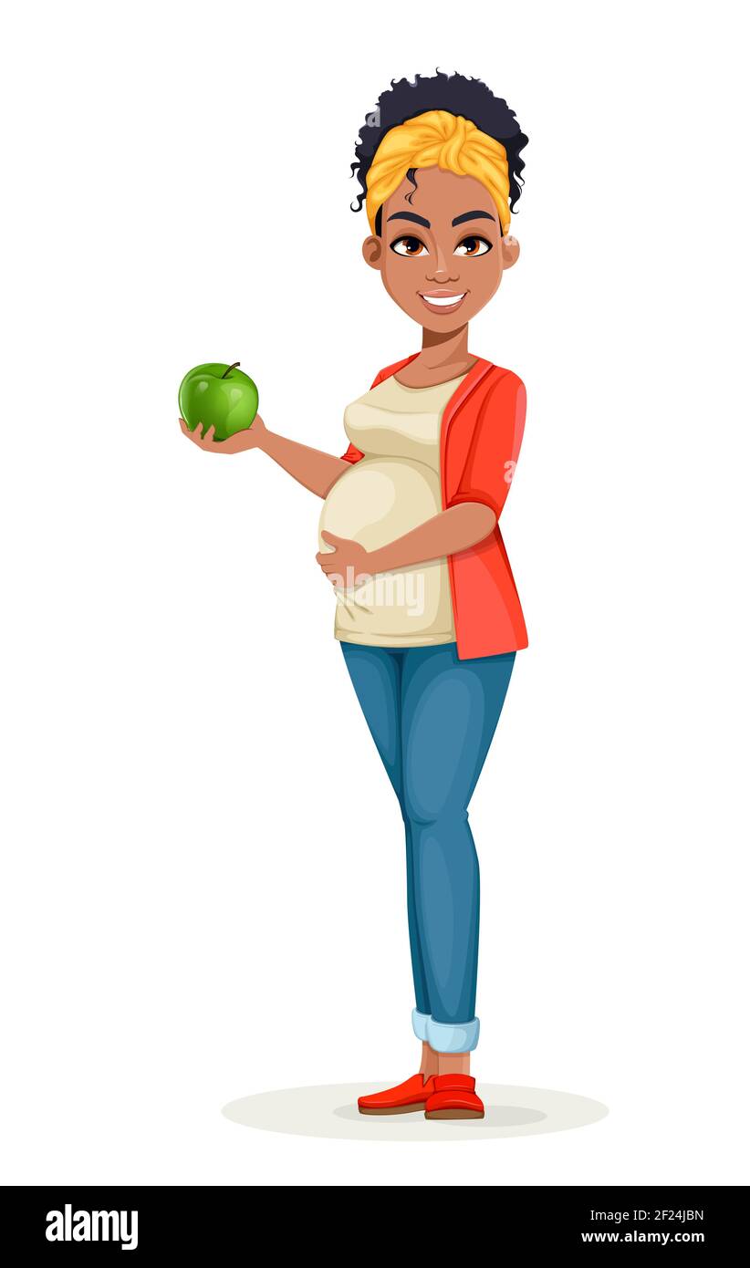 Beautiful African American pregnant woman holding fresh green apple. Happy young mother cartoon character. Stock vector illustration Stock Vector