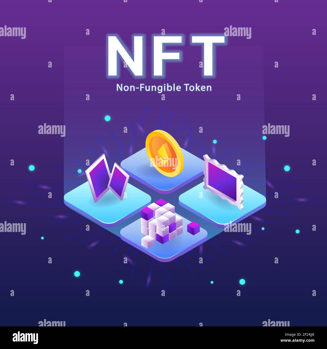 concept of NFT ,non-fungible token with network vector on dark background Stock Vector