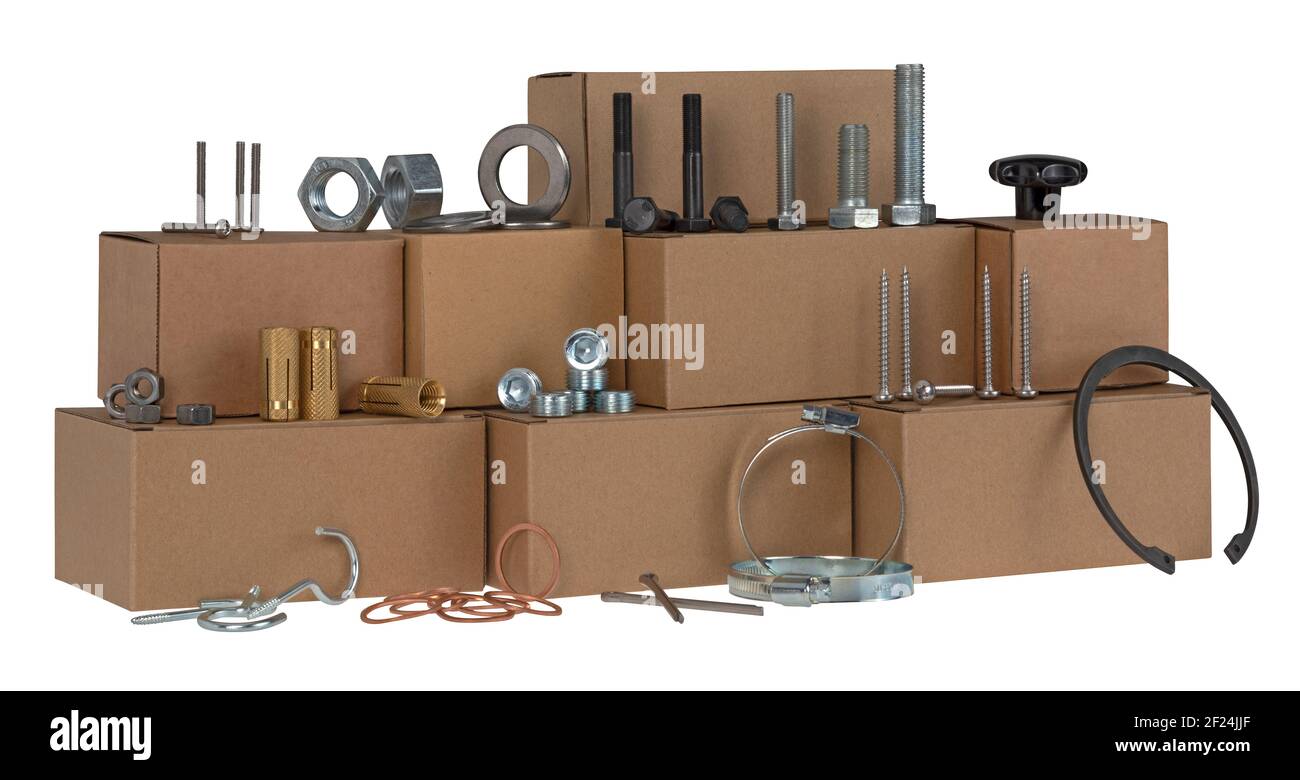 Different types of metal bolts, nuts, screws, hooks and washers. Fasteners  and hardware tools on table, with boxes Stock Photo - Alamy