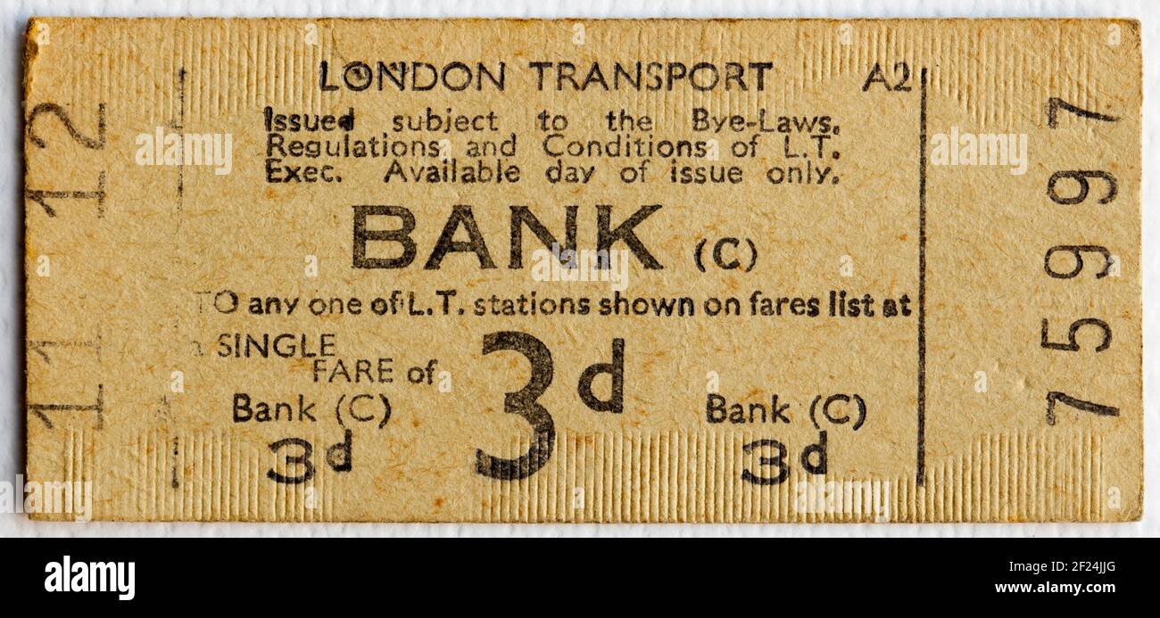Old London Transport Underground or Tube Ticket from Bank Station Stock Photo