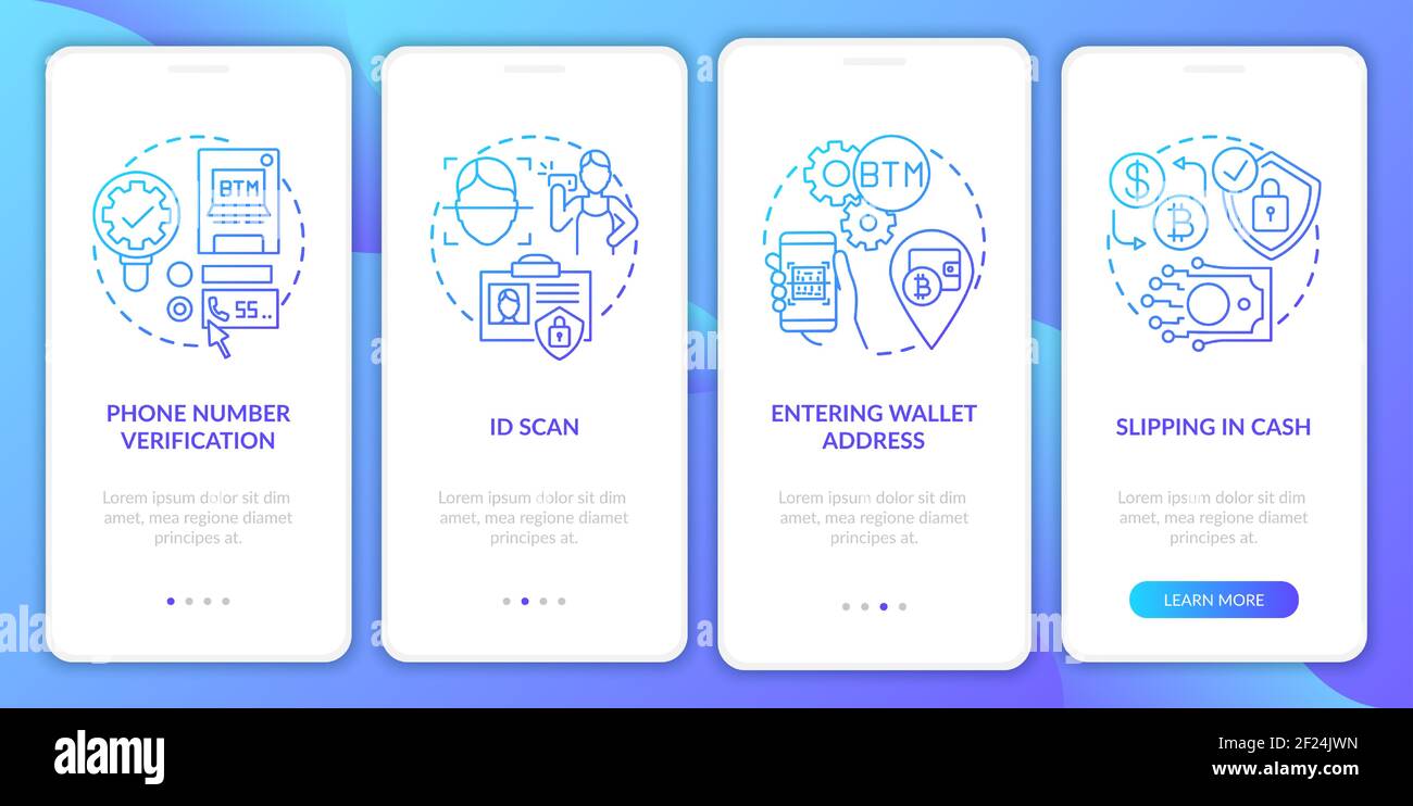 Bitcoin ATM verification steps onboarding mobile app page screen with concepts Stock Vector