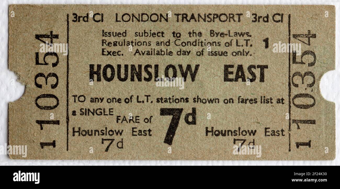 Old London Transport Underground or Tube Ticket from Hounslow East  Station Stock Photo