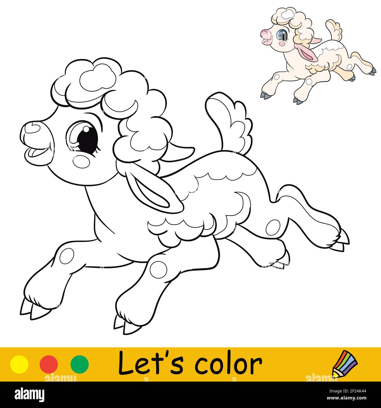 Cartoon character cute funny running lamb. Coloring book page with colorful template. Vector isolated contour illustration. For coloring book, prescho Stock Vector