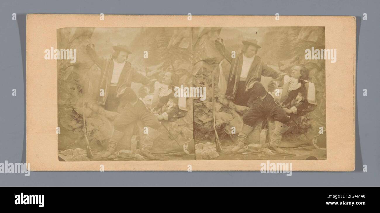Theatrical representation of two fighting men in historic costumes ...