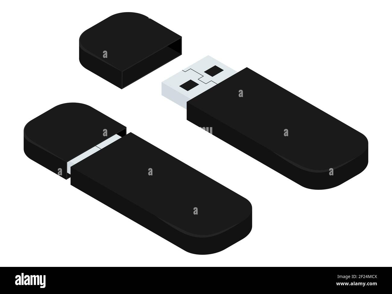 Black isometric USB flash-drives, open and closed. Vector illustration isolated on white. Stock Vector