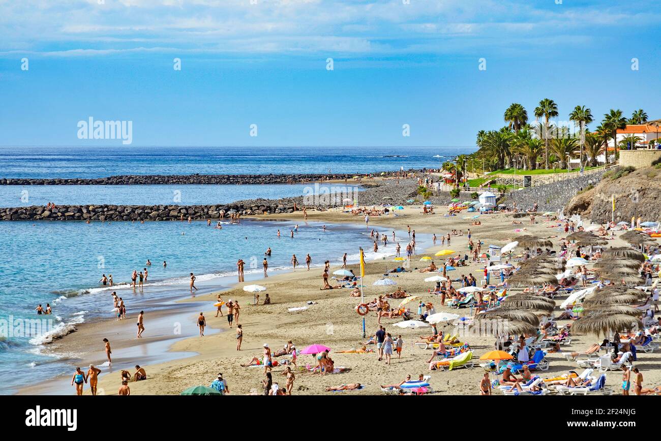 The beach in the resort of Bahia Del Duque on the Costa Adeje, Tenerife, Canary Islands Stock Photo