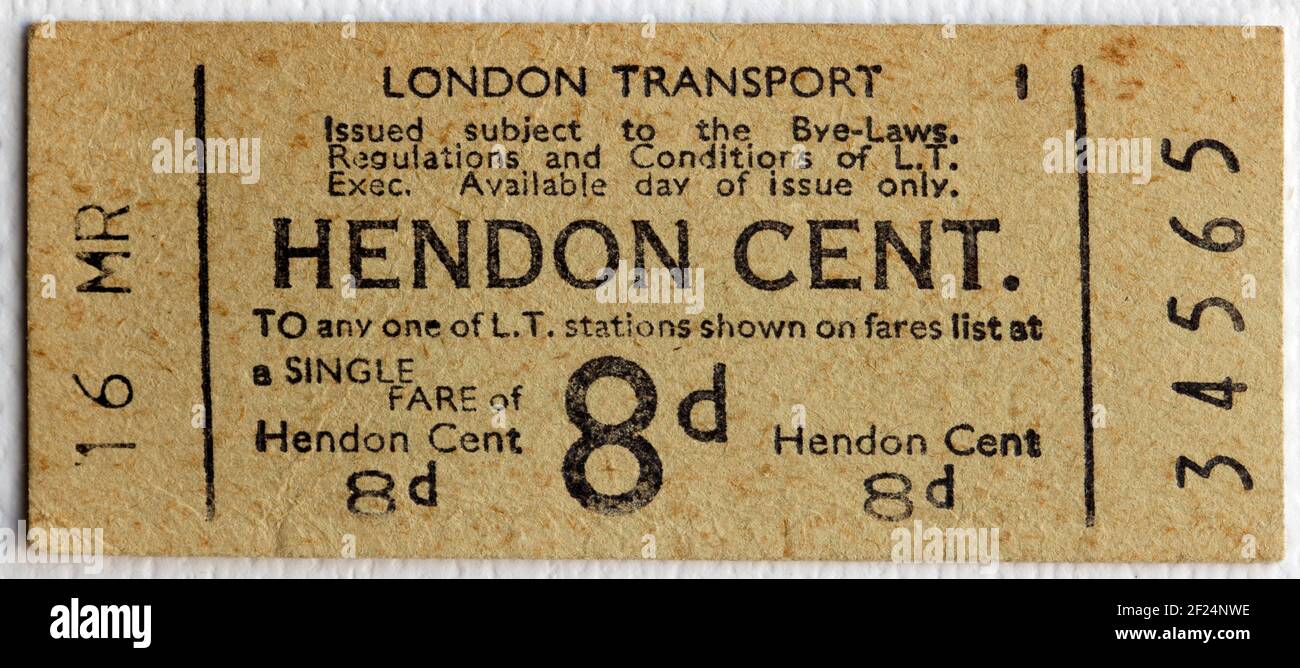 Old London Transport Underground or Tube Ticket from Hendon Central Station Stock Photo