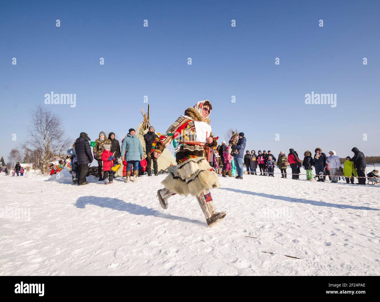 March, 2021 - Golubino. Competition for female reindeer herders. Deer Day. Russia, Arkhangelsk region Stock Photo