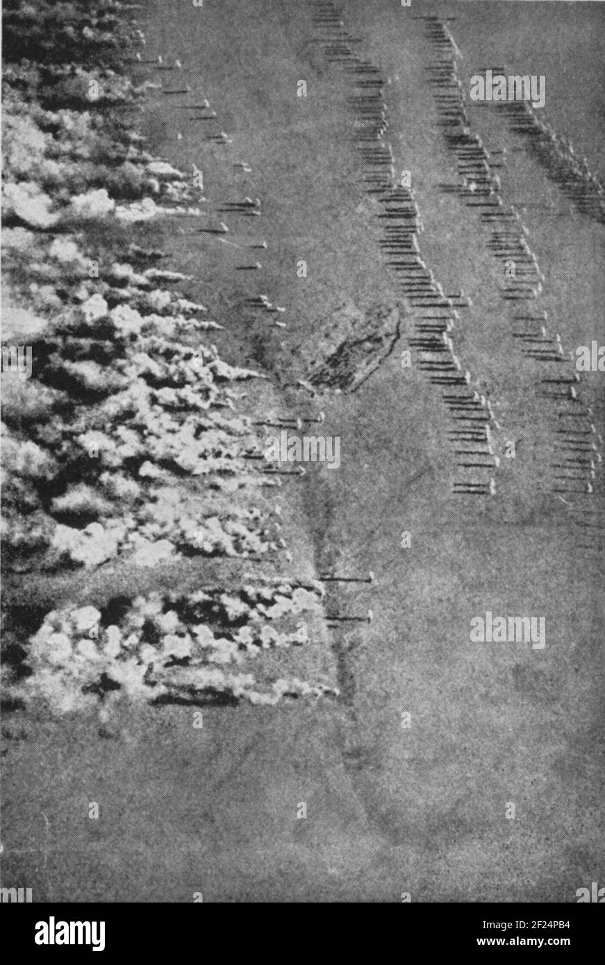 A vintage aerial photo of the German army conducting a gas attack on the Eastern front during World War One circa 1916 against the Imperial Russian Army. Chemical gases such as chlorine, bromine,phosgene and diphosgene were used widely by the German army Stock Photo