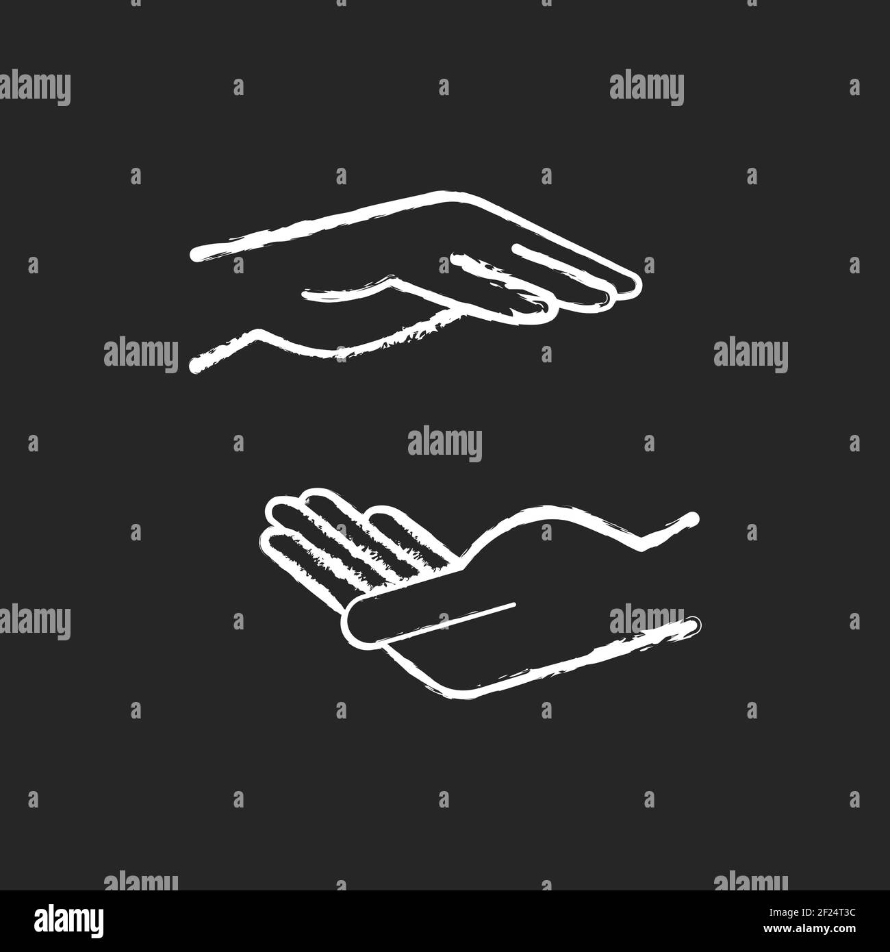 Two hands holding something chalk white icon on black background Stock Vector