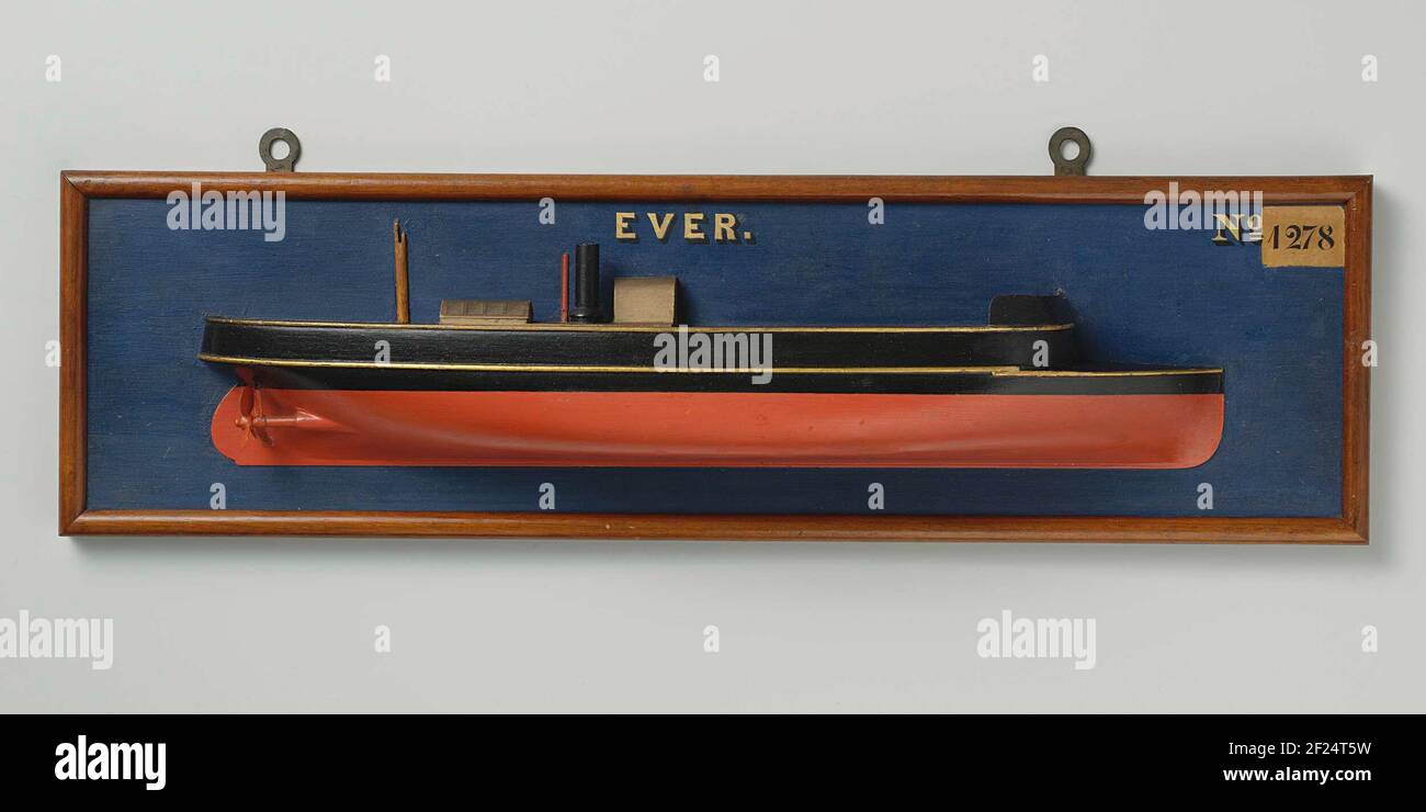 Half Model of a Gunboat.Polychromed half model (starboard) and block model of a gunboat type Staunch. It is a flat bottom with vertical deflection, elliptical fence, stir with rounded stirring blade; One of the two three-leaf screws is visible on the model. The main deck, surrounded by a dense railing, is filled up to the pot lid; The lice refer to this. On the main deck, from behind forward: a tried pole, a deck light, one of a few chimneys, a covered rise in the middle, and a covered gap, which is now missing on the front deck. Stock Photo