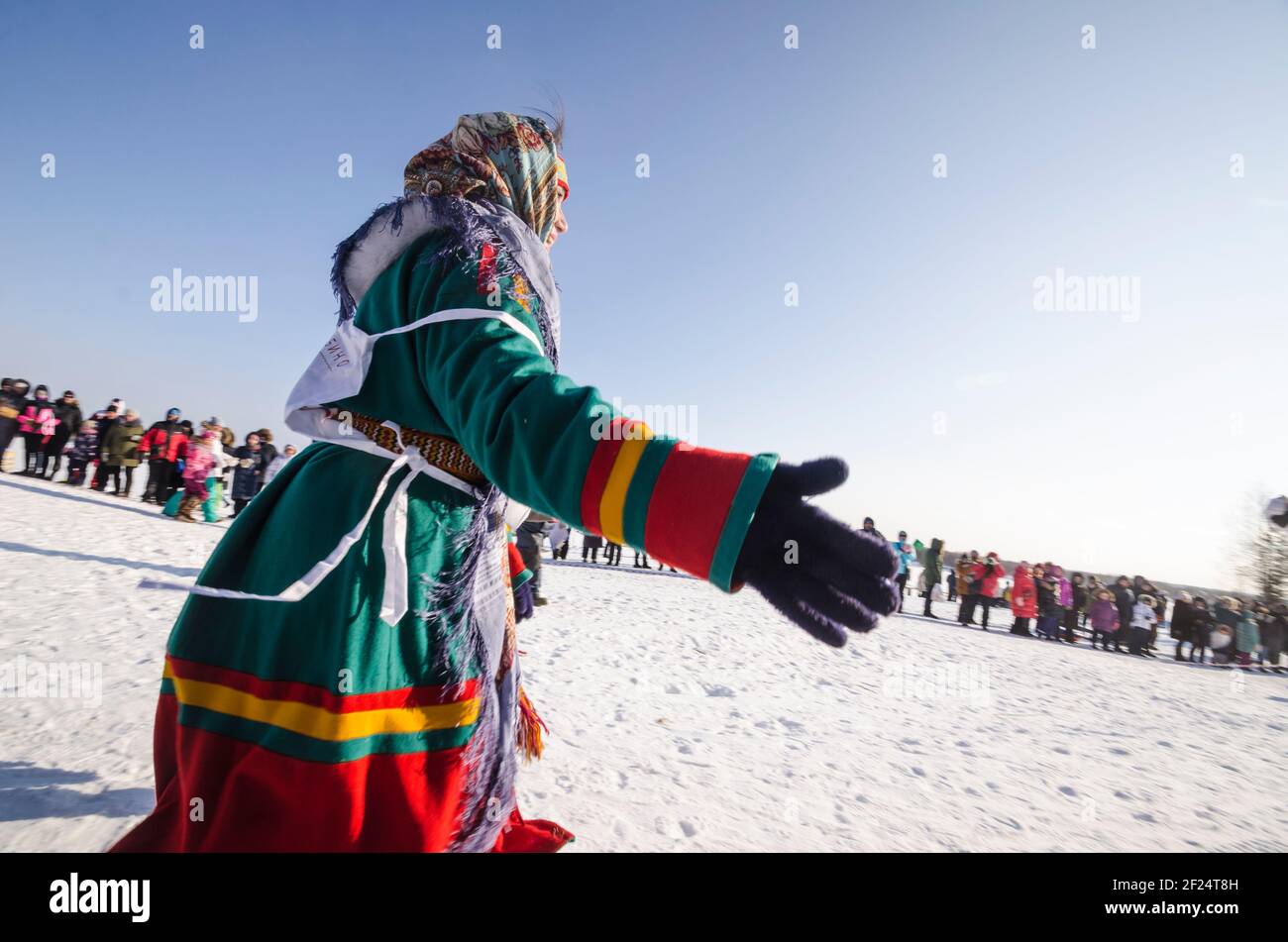 March, 2021 - Golubino. Competition for female reindeer herders. Deer Day. Russia, Arkhangelsk region Stock Photo