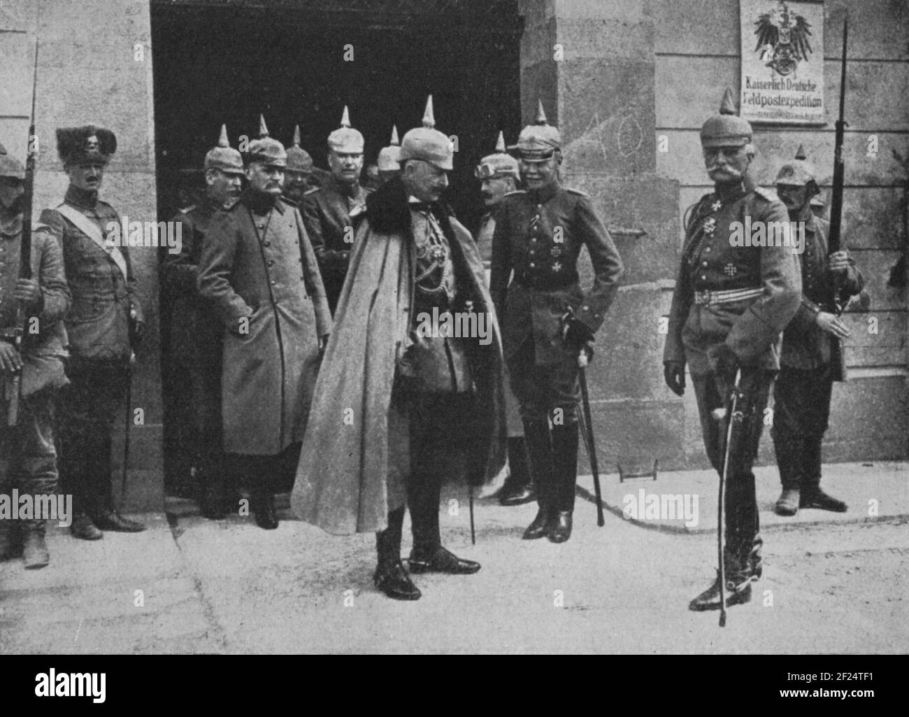 A vintage photo of the German Kaiser Wilhelm II in military uniform with the army general staff in Galicia Ukraine on the Eastern front during World War One circa 1915 during the conflict with the Imperial Russian army Stock Photo