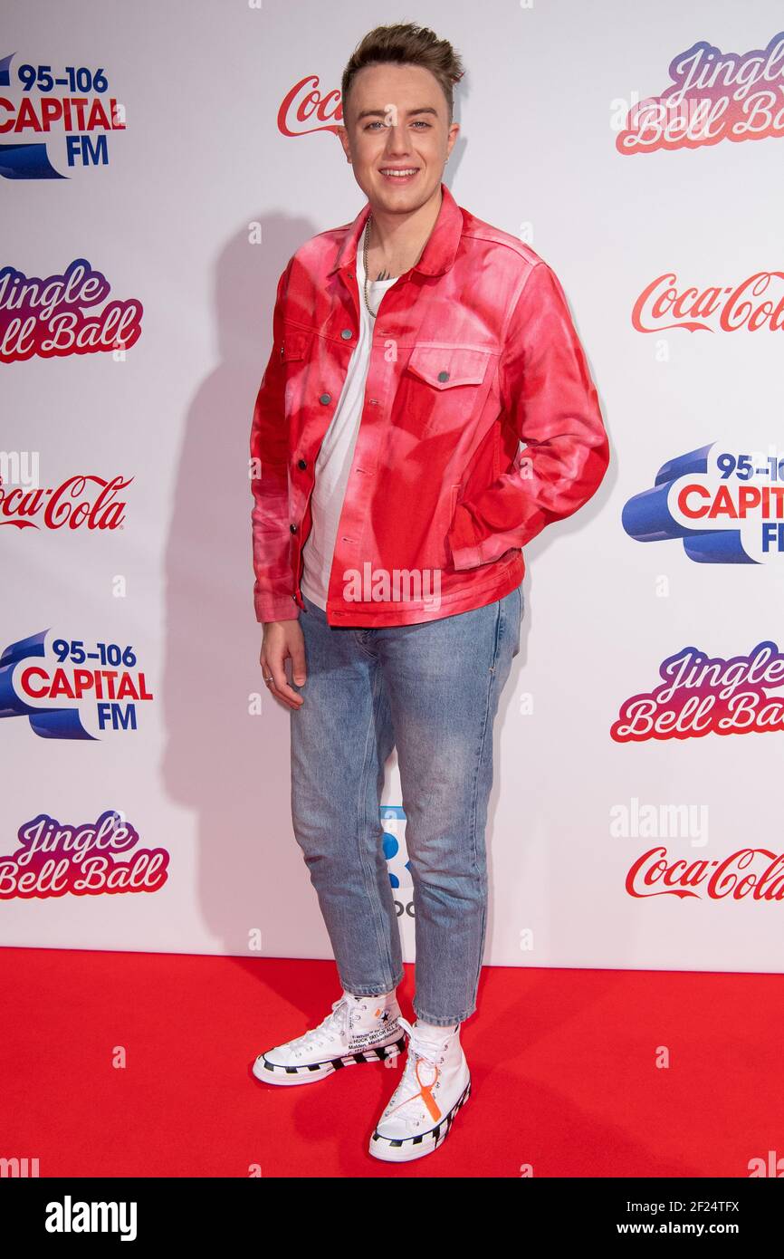 London, United Kingdom. 8th December 2018. Roman Kemp during day one of Capital's Jingle Bell Ball 2018 with Coca-Cola at the O2 Arena, London Stock Photo