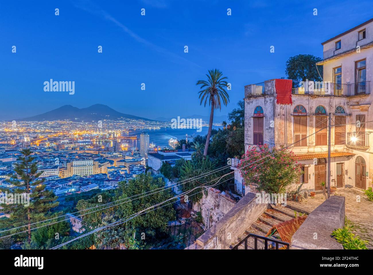 View from the Vomero district to downtown Naples in Italy at night