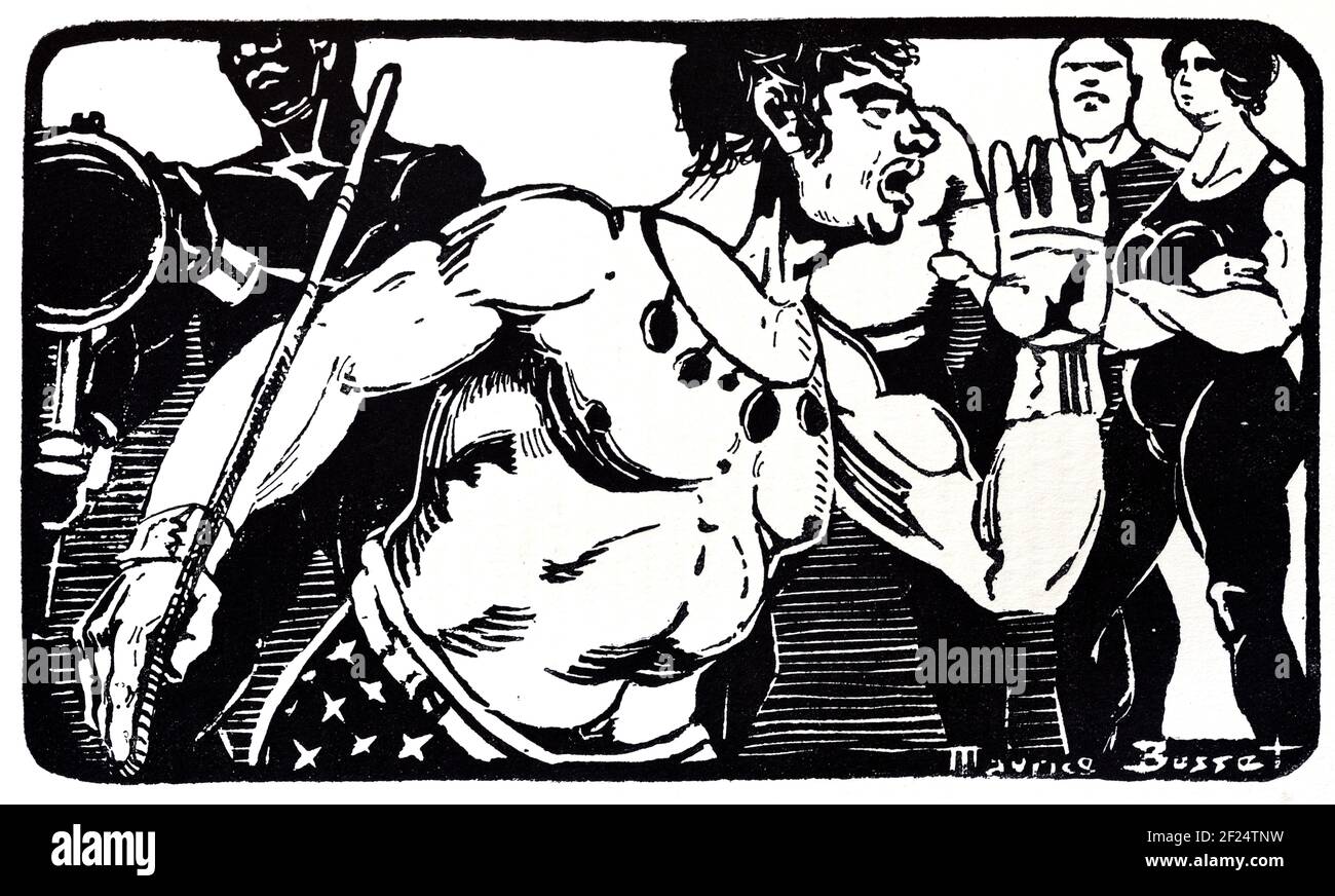 Wood Engraving of Wrestlers by Maurice Busset 1925 Stock Photo