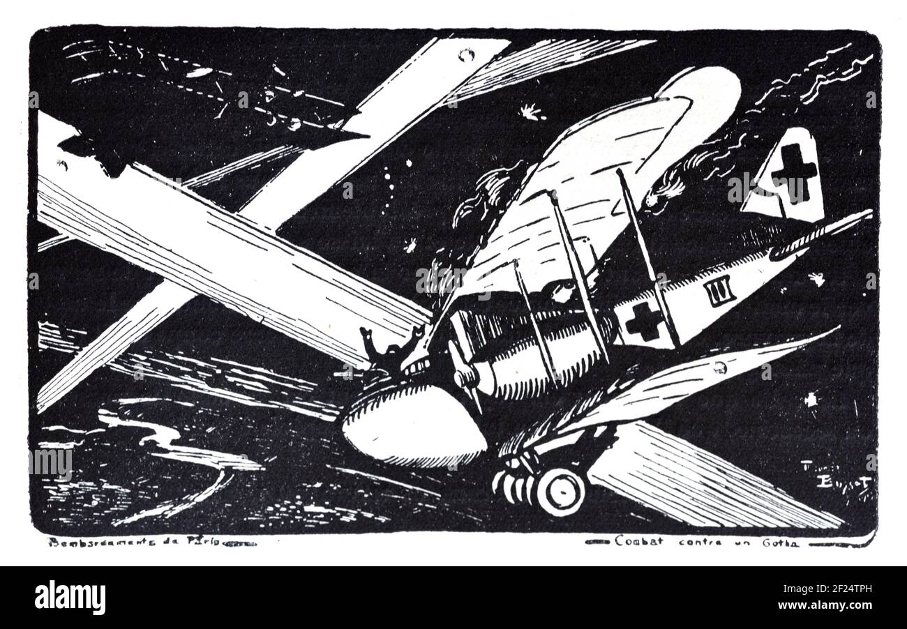 Bombarment of Paris Air Battle during First World War with French Airforce Defending Paris Againt German Airforce Vintage Woodcut, Woodblock Print or Wood Engraving by Maurice Busset 1920 Stock Photo