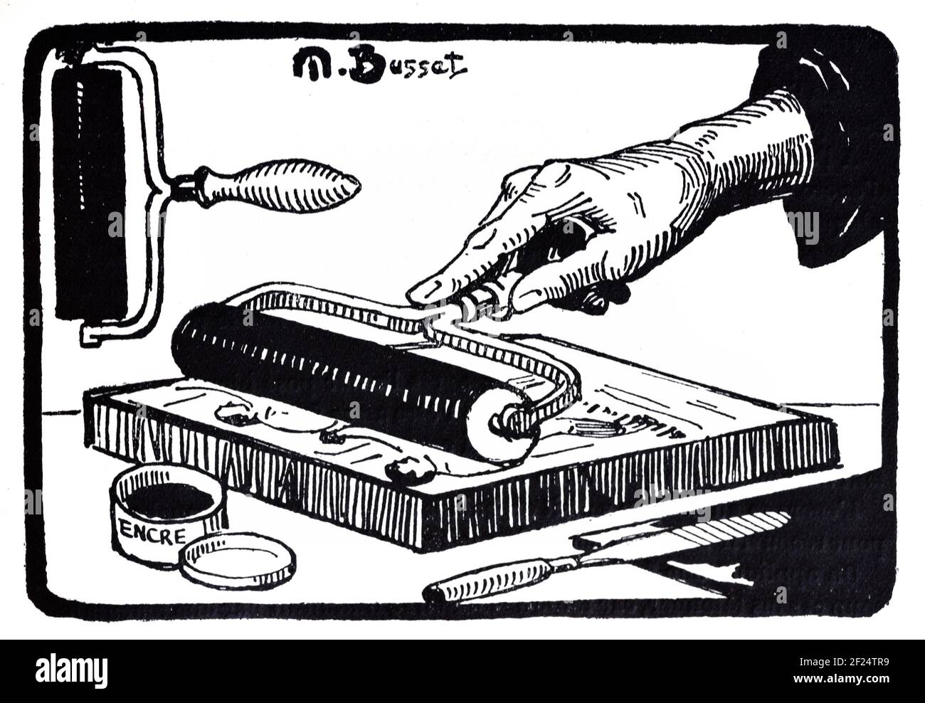 Wood Engraver or Printmaker Preparing Ink Roller for Relief Printing, Wood Engraving or Woodblock Printing. Vintage Woodcut by Maurice Busset c1920 Stock Photo