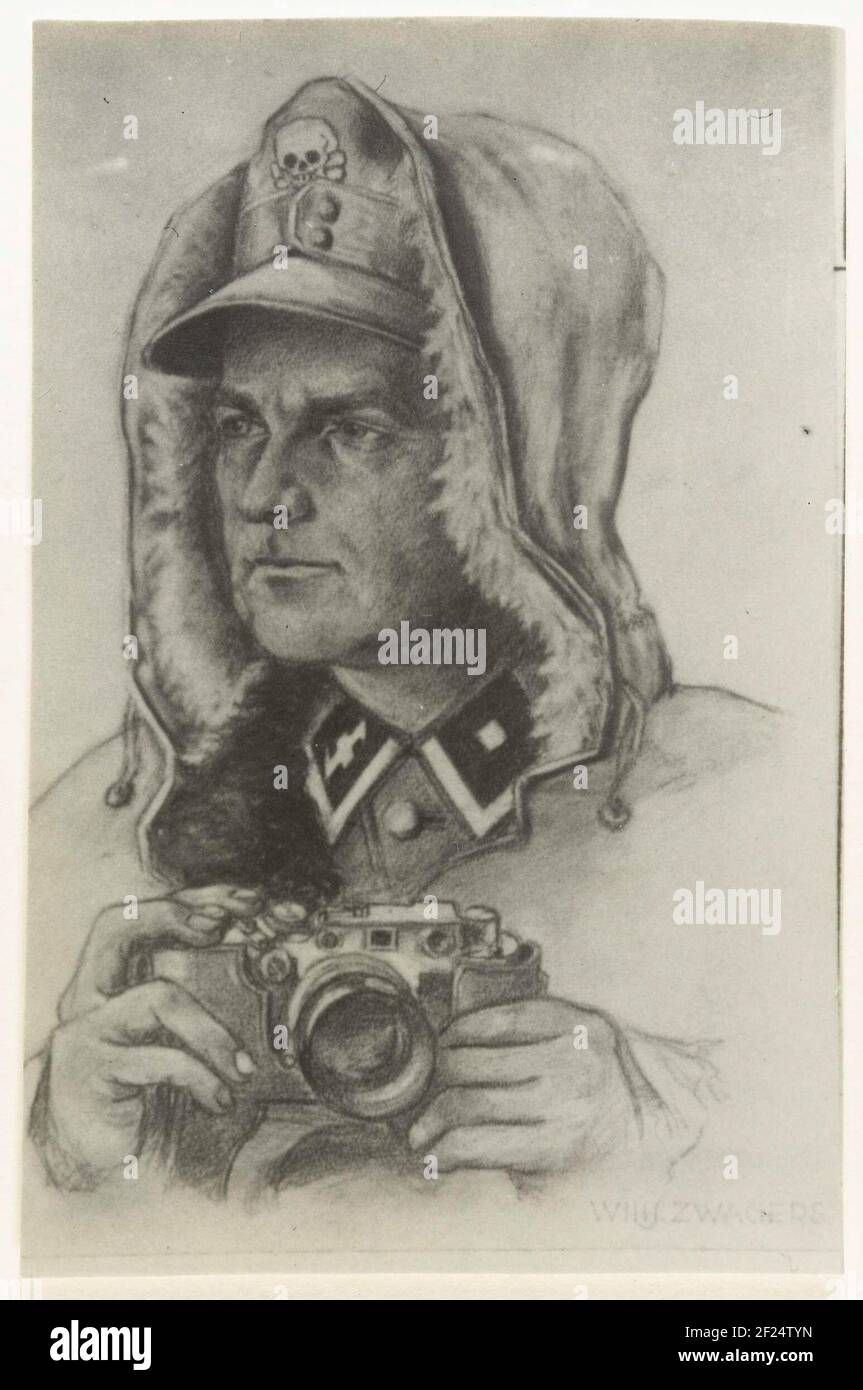 Signed portrait of a member of Propaganda Kompagnie; NSB.A signed portrait of a member of the Dutch SS, at his hat the symbol of the Totenkopf Kompagnie, on his collar the Wolfsangel. In his hands he holds a camera, so he probably served in Eern Propaganda Kompagnie. The portrait reminds strongly of the portraits of Wolfgang Willrich, a famous Kriegsmahler in Germany. But also to Wijnand Klerk, a Dutch PK draftsman. Stock Photo