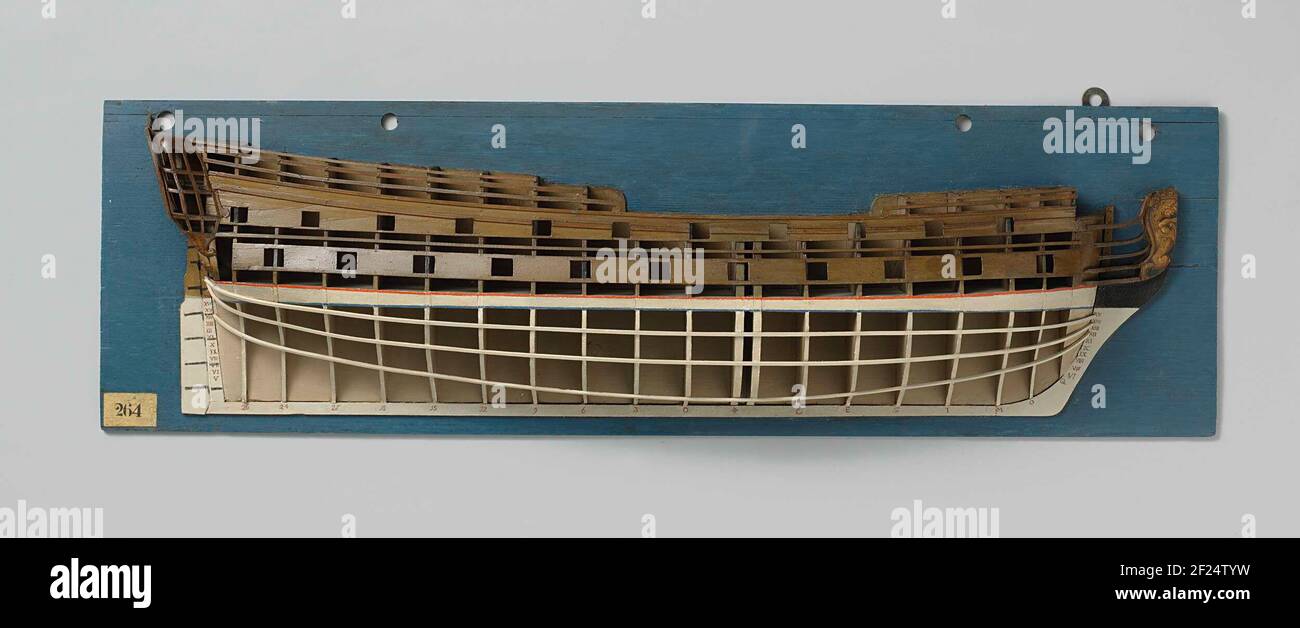 Half model or a 54-gun ship of the line.Polychromed mold model (starboard). The masts are not indicated. A striking element in this model is the double large trim. Two and twenty gunposes spread over two decks; The shine and main deck skin is partially closed, the top campanne is closed; There is a horizontal mold at the level of the bottom. Scheep with silhouette of a shoeboard painted with crowned lion. Wrinkled mirror, hollow wulf; Stitch with two floors and scalloped top edge, painted with curlwork; Side gallery with two floors with spherical roof and fishing pie. Straight stir with square Stock Photo