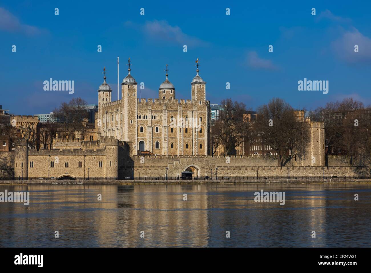 England, London, Winter View of the Tower of London and Reflection in River Thames Stock Photo