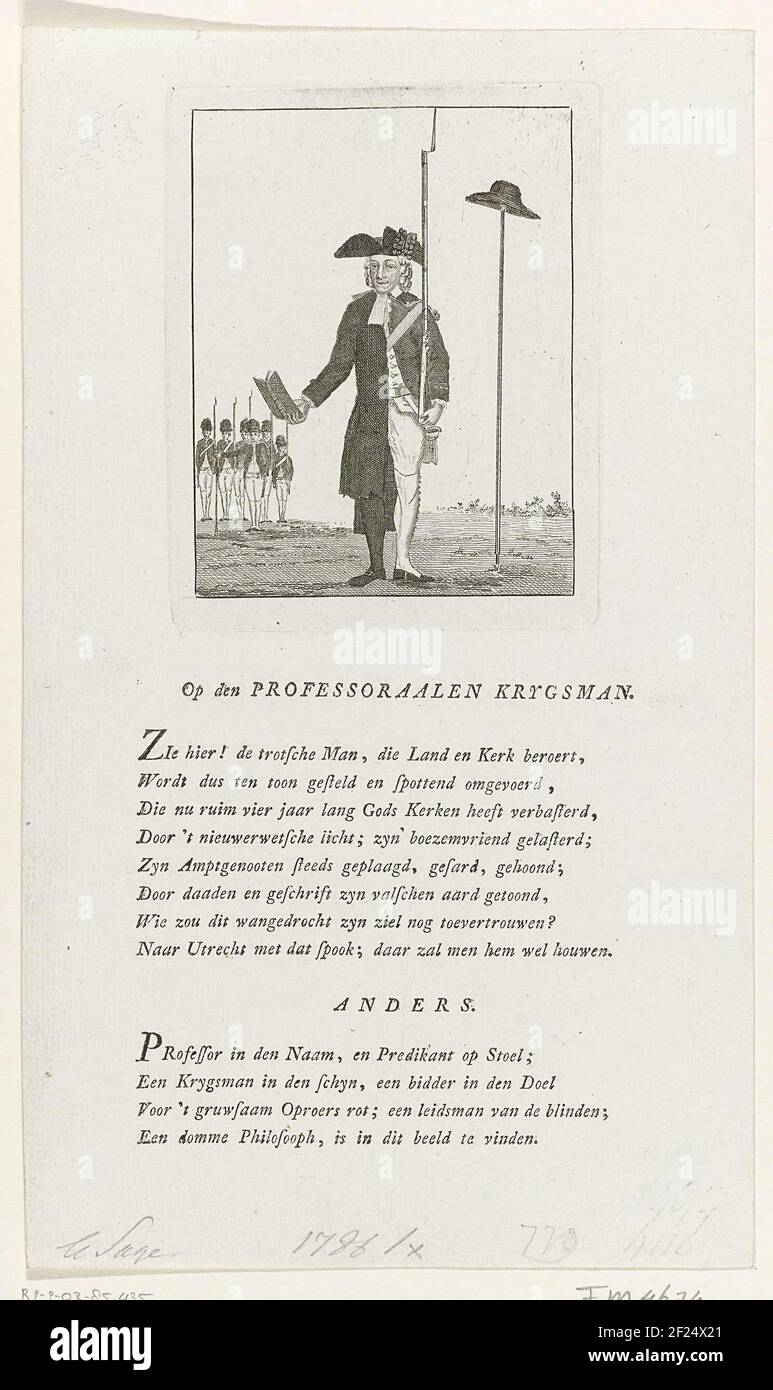 Cartoon at the Rotterdam patriot preacher and professor Johan Jacob Le Sage ten  Broek, approx. 1785. Ten pants presented for one half as a member of a free  corps in uniform with