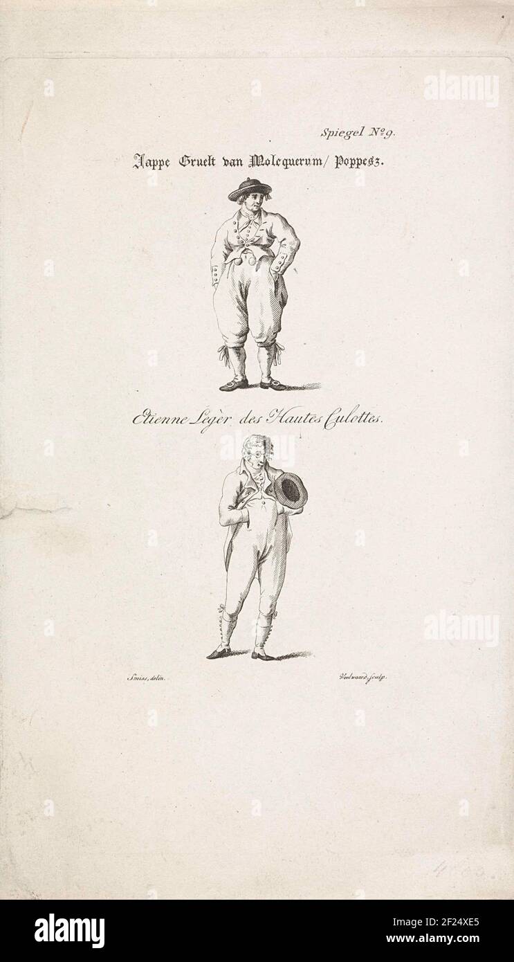 Nederlandse en Franse broeken, ca. 1796; Jappe Gruelt van Molcquerum,  Poppesz. / Etienne Legèr des Hautes Culottes.A standing Frisian farmer and  a French man, each with a separate type of pants, ca.