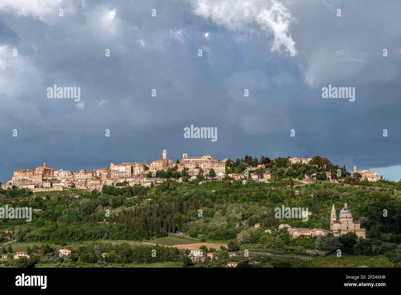 View of Montepulciano and San Biagio under Stormy Conditions Stock Photo