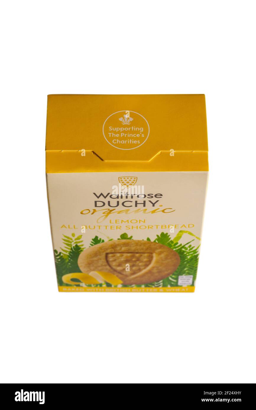 Supporting The Prince's Charities - symbol on top of box of Waitrose Duchy organic lemon all butter shortbread isolated on white background Stock Photo